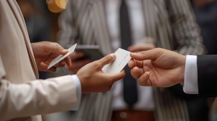 Obraz premium Close-up of hands exchanging business cards, networking, professional connection, corporate event