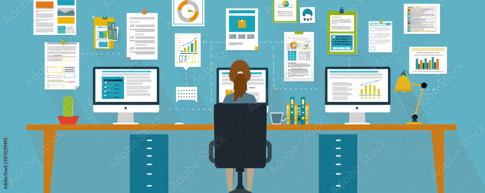 Poster a woman is sitting at a desk with multiple monitors and a computer. the desk is cluttered with paper