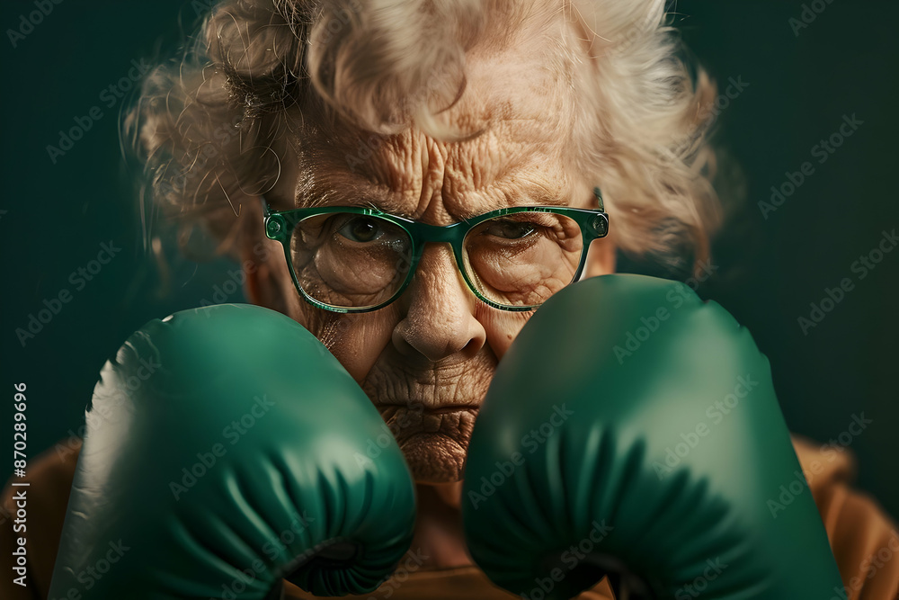 Poster Elderly woman with green boxing gloves and glasses, showing determination and strength against dark background.