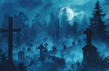 Eerie nighttime cemetery with mist, cross silhouettes, and a full moon casting an ominous glow among trees and tombstones.