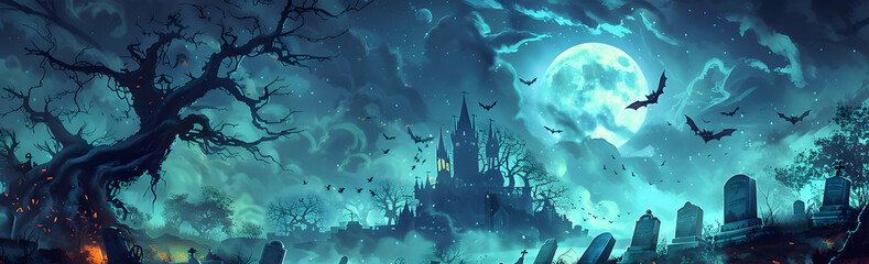 Obraz premium Eerie night scene with a haunted castle, bats flying, and a graveyard under a full moon. Spooky atmosphere perfect for Halloween themes.