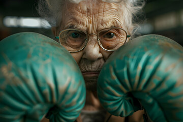 Elderly woman with boxing gloves, determined expression, challenges stereotypes about aging, ready to fight, close-up portrait.