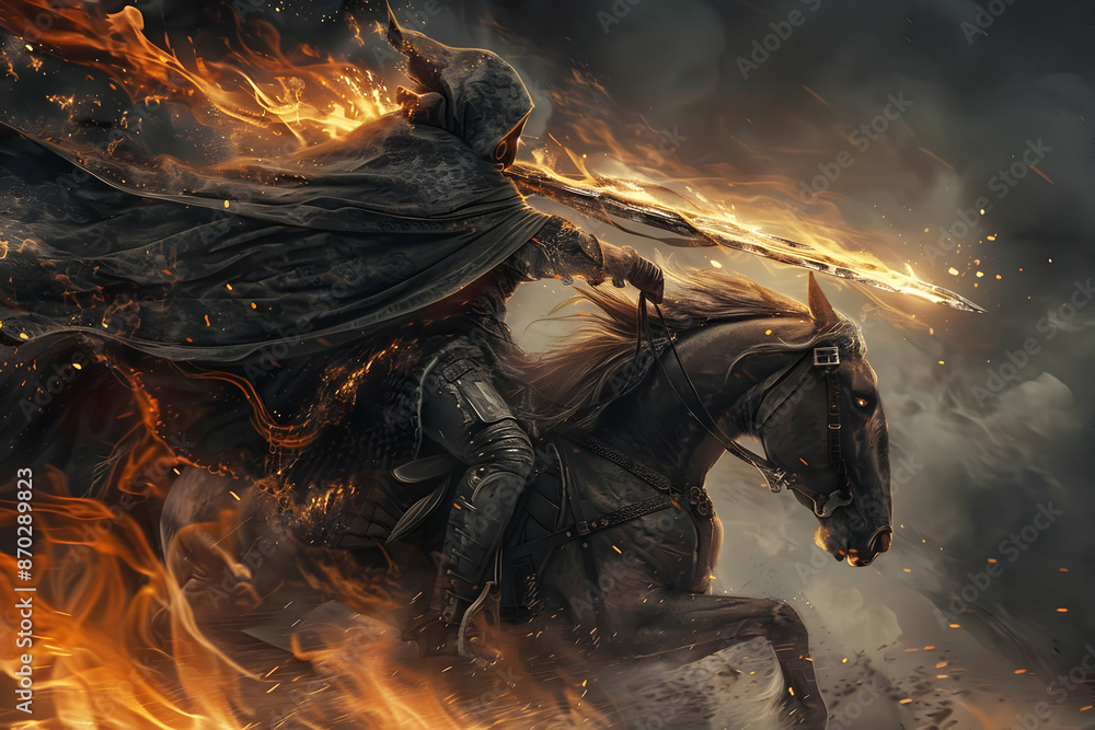 Wall mural Epic fantasy warrior on horseback surrounded by fiery flames, capturing the intensity of a dramatic battle scene.