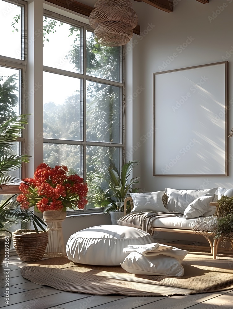 Poster mockup of a white floating frame in a bright open concept scandinavian inspired room with large wind