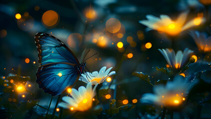 Enchanting nighttime scene with a vibrant butterfly perched on a daisy, surrounded by glowing fireflies in a serene garden.
