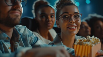 Fototapeta premium Group of Friends Enthralled by a Movie in a Cinema, Featuring a Smiling Woman with Glasses and Popcorn and a Man in a Plaid Shirt, Surrounded by Engaged Viewers