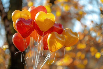 A cluster of red and yellow heart-shaped balloons float against a blurred background of autumn foliage