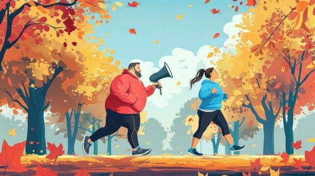 Husband Coach Encouraging Wife Jogging in Autumn