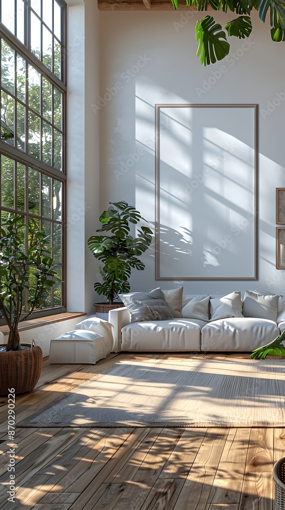 Poster 3d rendering of a minimalist white floating frame mockup placed in a bright open concept scandinavia