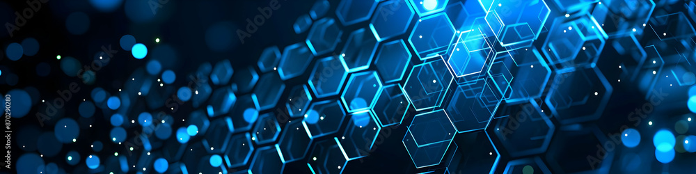 Poster futuristic hexagonal pattern with blue glowing lights, symbolizing technology and innovation, perfec