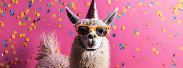 Fun alpaca in sunglasses and party hat on pink background with confetti, celebrating a festive occasion with colorful decorations.