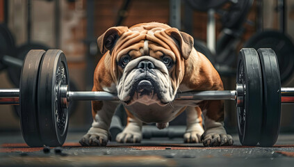 Funny bulldog lifting weights in a gym setting, showcasing strength and determination. Perfect for fitness and animal lovers.
