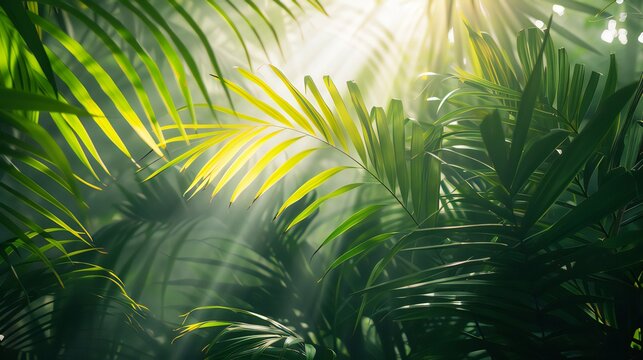 Fototapeta Picture of sunlight filtering through the verdant leaves of a palm tree, beach scene, summertime theme