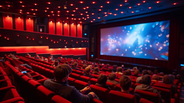 A vibrant movie theater scene with a full house, where the audience sits in eager anticipation, eyes fixed on the large screen, ready to be transported into the world of cinema magic and storytelling
