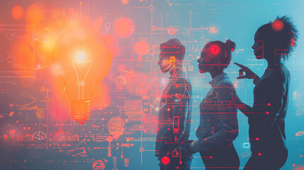 Start-up trends in the digital age theme, side view, highlight key start-up strategies, digital tone, Monochromatic Color Scheme