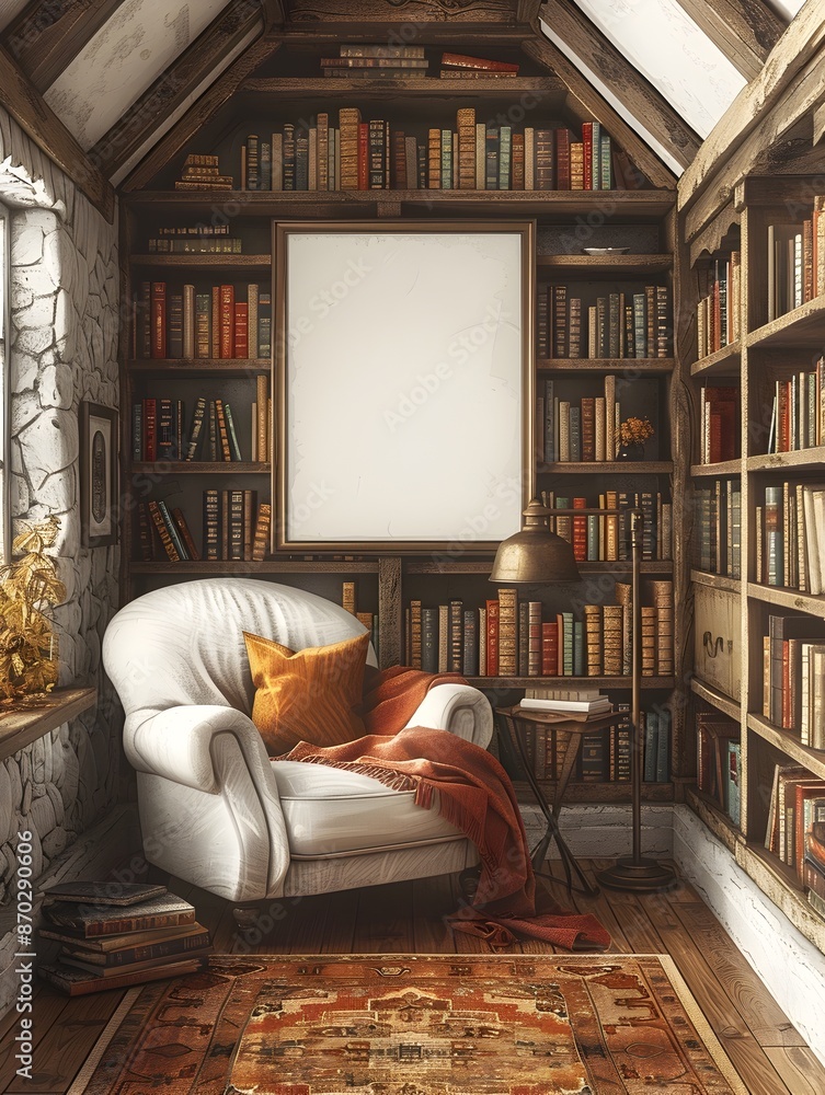 Poster cozy and inviting reading nook with built in bookshelves a plush armchair and a reading lamp set aga