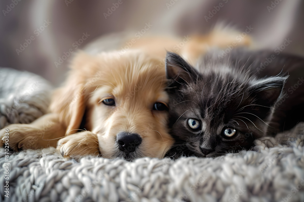 Sticker adorable puppy and kitten lying together in a loving embrace, generative ai