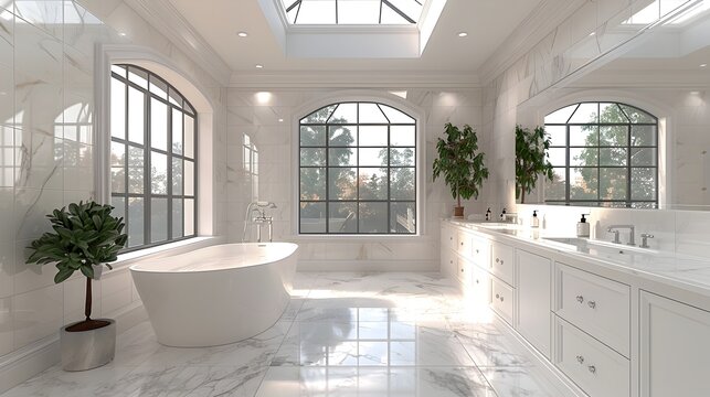 Luxurious master bathroom interior with white frame backdrop freestanding bathtub marble countertops and large skylight  render with high contrast glossy surfaces and Art Deco glamour