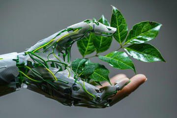 Trends in business sustainability practices theme, side view, show sustainable business models, robotic tone, vivid