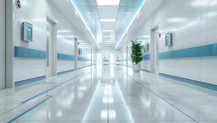 Naklejka premium Modern hospital hallway with bright lighting, white walls, and clean floors. Green plant adds a touch of nature. Healthcare facility interior.