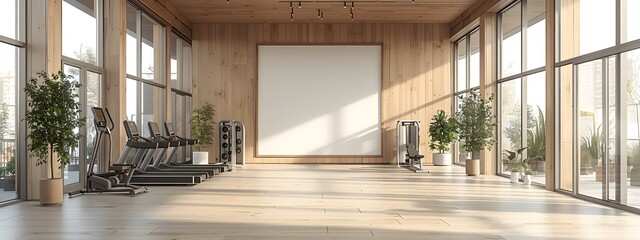 Stunning contemporary home gym interior design with a white framed backdrop state of the art fitness equipment floor to ceiling windows and a sleek minimalist Bauhaus inspired aesthetic