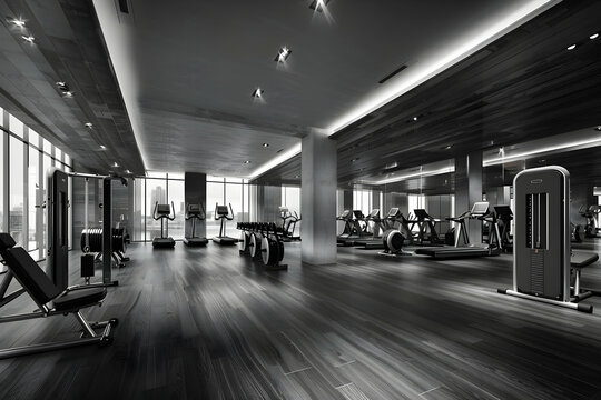 Modern gym interior with various exercise equipment, treadmills, weights, and benches in a spacious, well-lit environment.