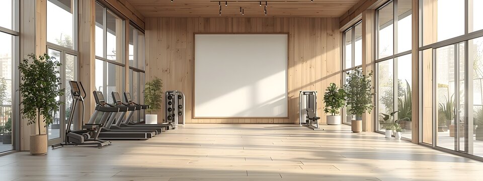 Stunning contemporary home gym interior design with a white framed backdrop state of the art fitness equipment floor to ceiling windows and a sleek minimalist Bauhaus inspired aesthetic