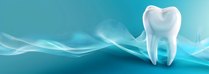 Realistic tooth illustration on a blue background with a wave design, ideal for dental care and health-related concepts.