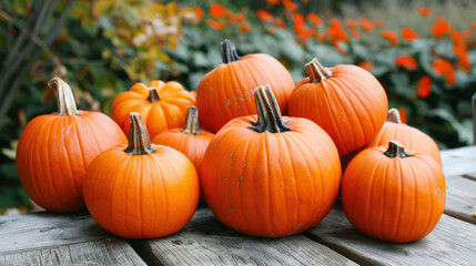 A group of orange pumpkins sit on a rustic wooden table in front of a blurred background of autumn foliage