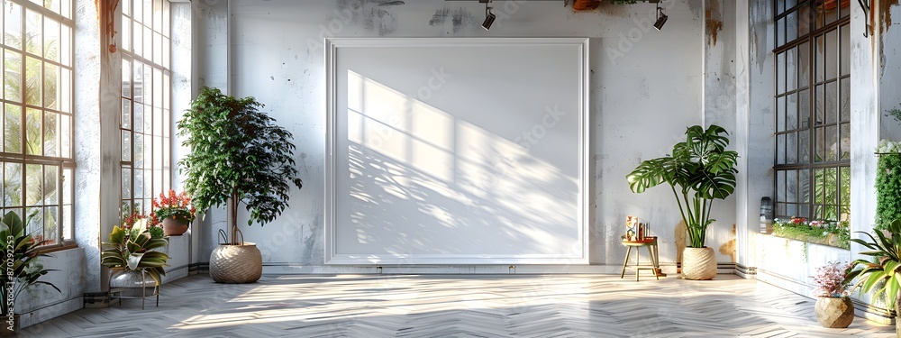 Poster luminous 3d mockup frame in airy art studio with impressionist palette bright and clean interior des