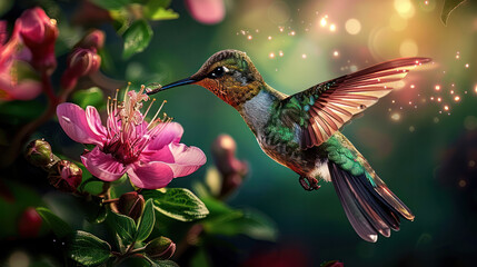 Fototapeta premium A colorful hummingbird hovers near a pink flower, its wings spread wide, as it feeds on nectar in a lush, green garden