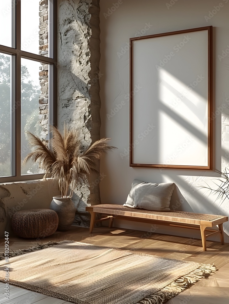 Aufkleber mockup of a modern minimalist entryway with a white background frame abundant natural light and a cl