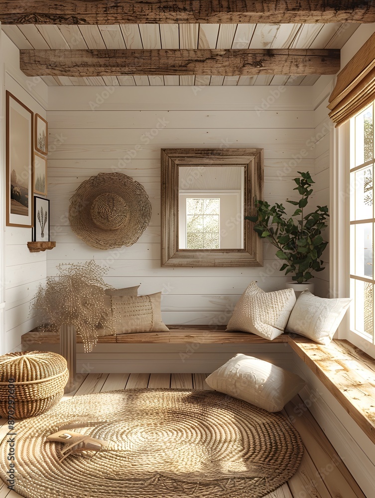 Poster bright and airy mockup of a white background frame set in a warm and inviting farmhouse style mudroo