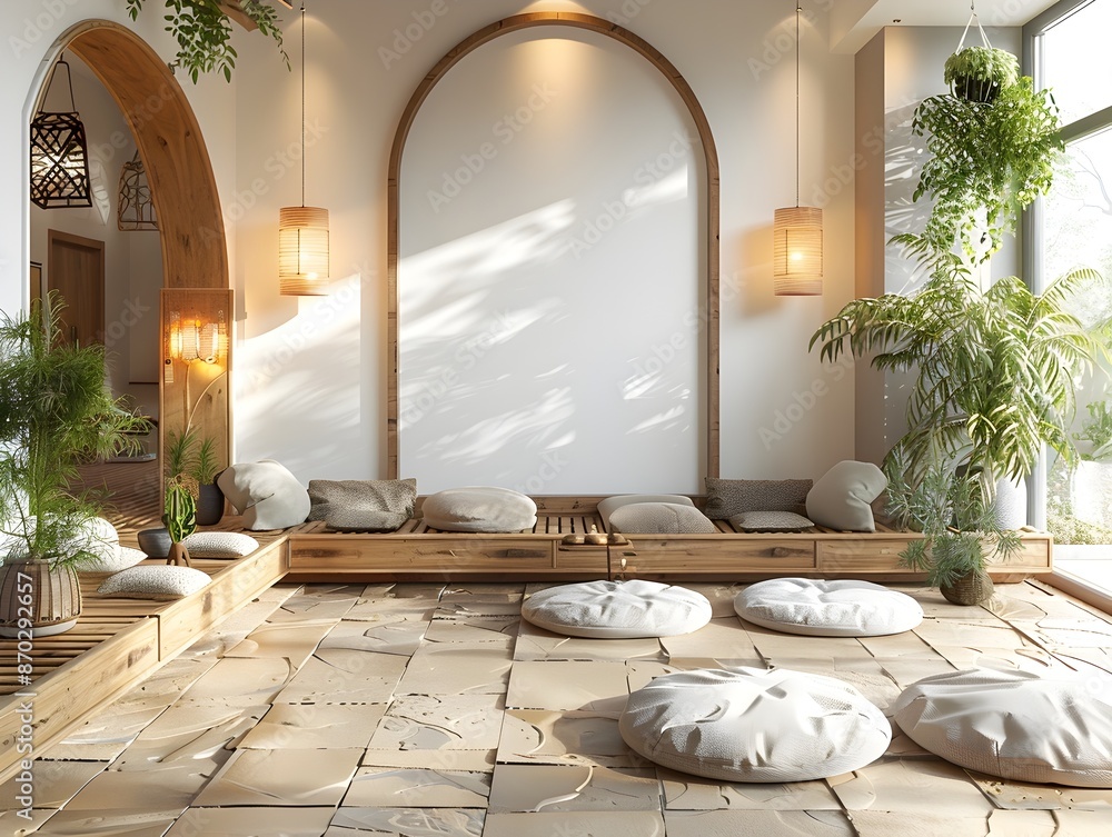 Poster 3d rendered mockup of a cozy and inviting minimalist home meditation space with natural elements cal