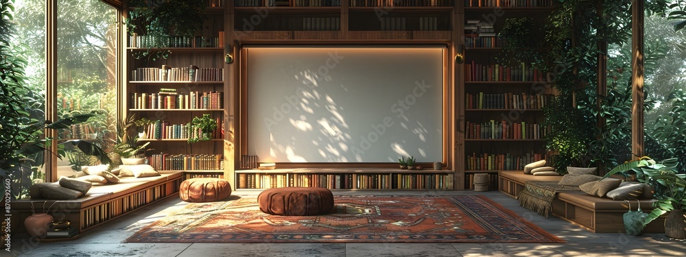 Poster cozy and inviting home library nook with built in bookshelves natural textures and soft diffused lig