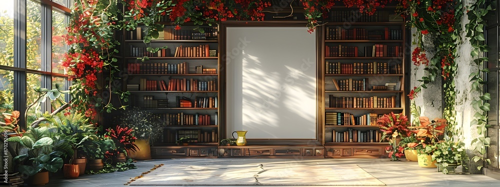 Poster cozy and inviting home library nook with built in bookshelves natural textures and soft diffused lig