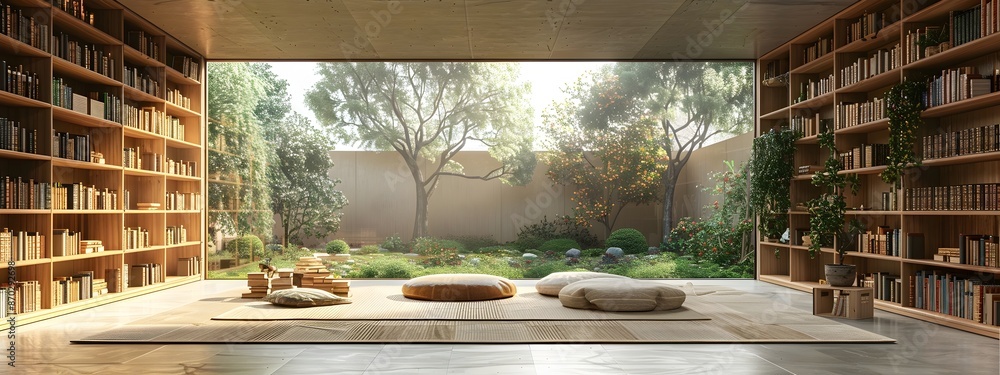Poster cozy and inviting home library nook with built in bookshelves natural textures and soft diffused lig