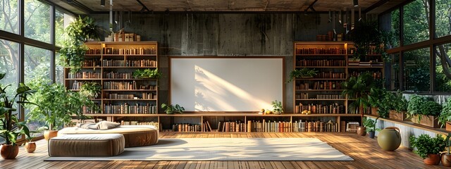 A 3D rendered mockup of a cozy and inviting home library nook with built in bookshelves natural textures and soft diffused lighting