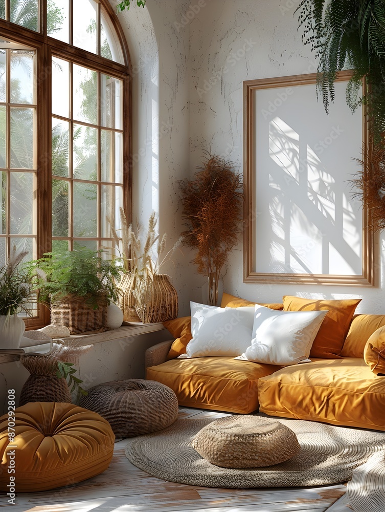 Poster peaceful and contemplative retreat a mockup of a white background frame inside a cozy and inviting h
