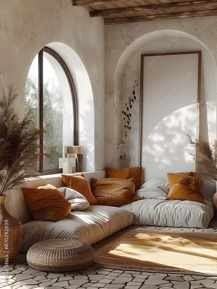 Poster serene and inviting of a comfortable home reading nook with soft diffused lighting natural textures 