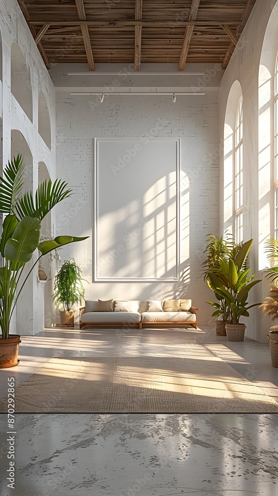 Poster minimalist 3d rendered mockup of a white background frame in a bright and airy home art gallery sett