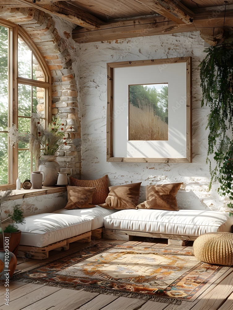 Poster a 3d rendered mockup of a white background frame set within a cozy and inviting home hobby room feat