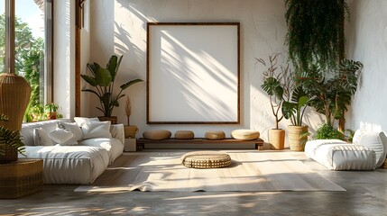 Minimalist living room mockup set against a white background frame with a cozy and serene domestic interior featuring natural lighting soft shadows and a clean