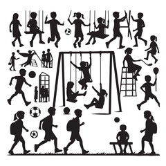 Silhouette Illustrations of Children Playing and Engaging in Various Outdoor Activities, Including Swinging, Walking, Running, Playing Ball, Climbing, Sitting, and More.