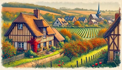 Autumn charm in Normandy countryside, feature traditional cottages, apple orchards and green fields