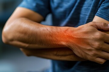 Man arm closeup with red elements to show the pain spot. ai generative