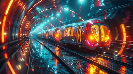 Futuristic Train in Neon-Lit Tunnel - Generative AI