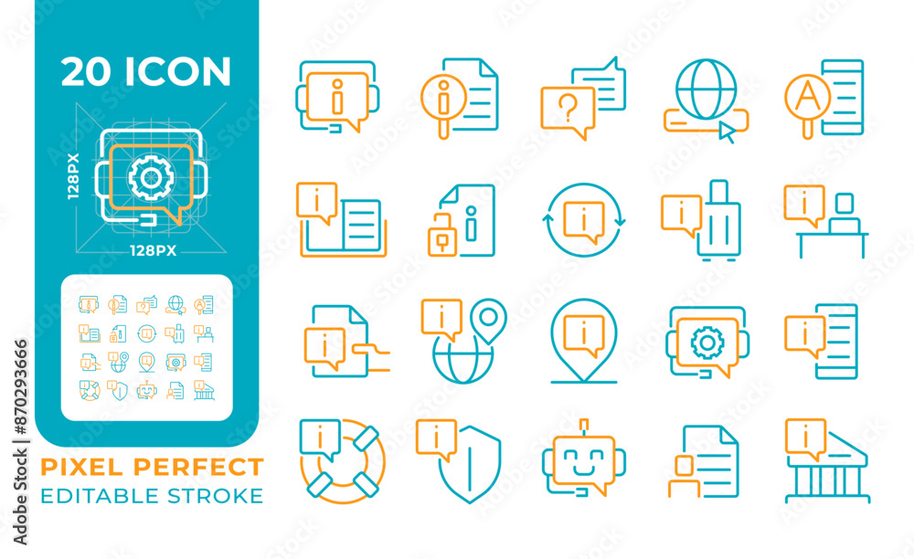 Poster faq two color line icons set. customer service. help and guidance. online support. icons with chat b