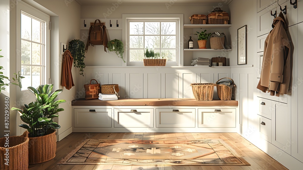 Poster A mockup of a serene and welcoming Scandinavian inspired mudroom with a white background frame built in storage a cozy bench and hooks for coats and bags showcasing a muted color palette and soft