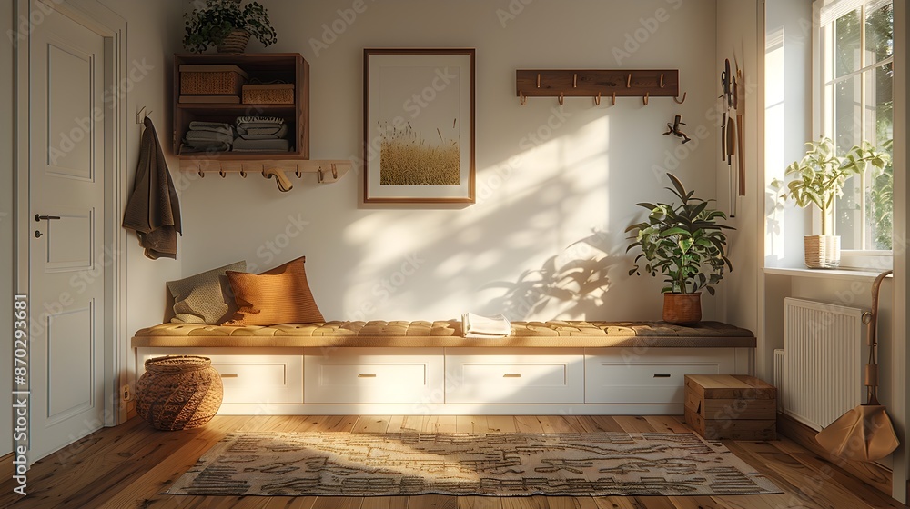 Poster scandinavian inspired mudroom with a white background frame built in storage bench and hooks for coa